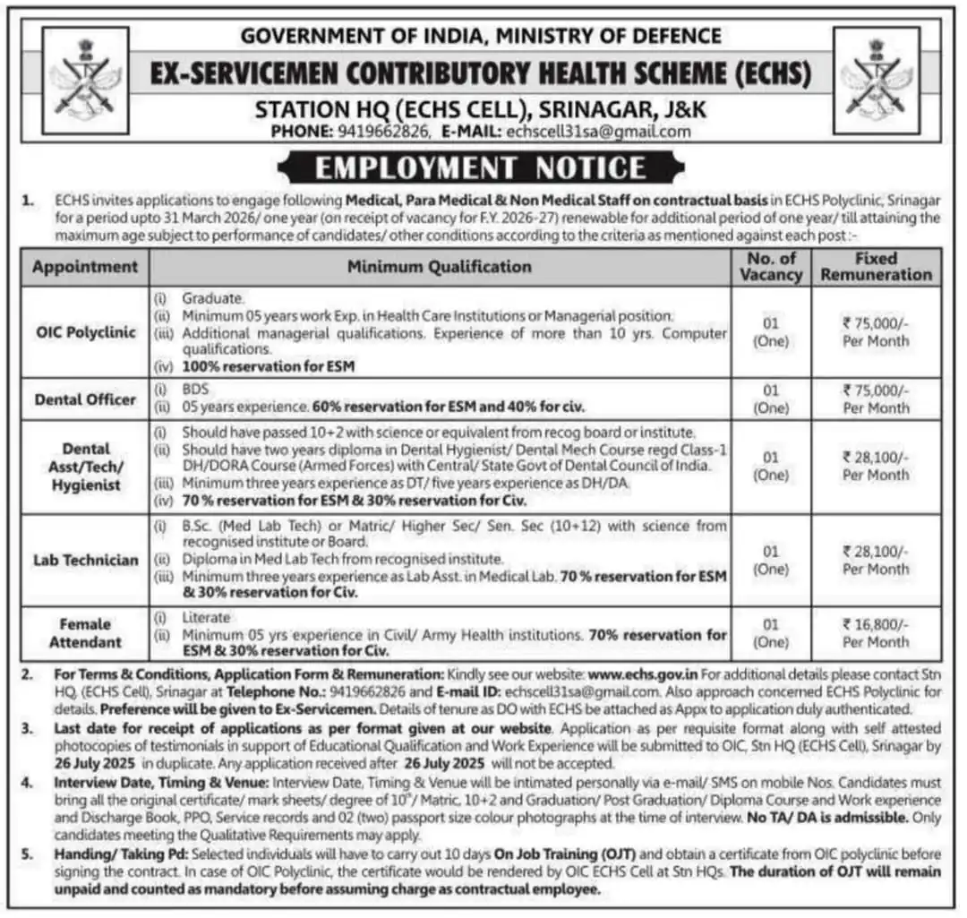 ECHS Srinagar Medical, Para-Medical and Non-Medical Posts 2025 – Apply for Various Vacancies ECHS Srinagar Medical, Para-Medical and Non-Medical Posts 2025 – Apply for Various Vacancies