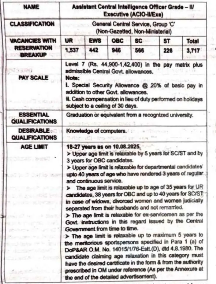 Intelligence Bureau ACIO 2025 Notification Out for 3717 Executive Posts – Apply Online from 19 July