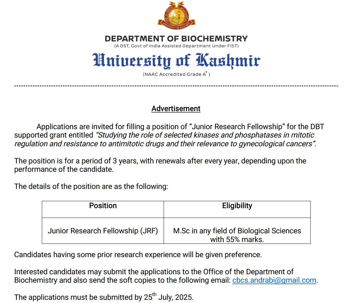 KU Biochemistry Department JRF Post 2025 – Apply by 25 July
