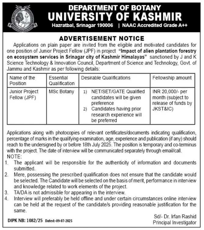 KU Department of Botany vacancy notification 2025