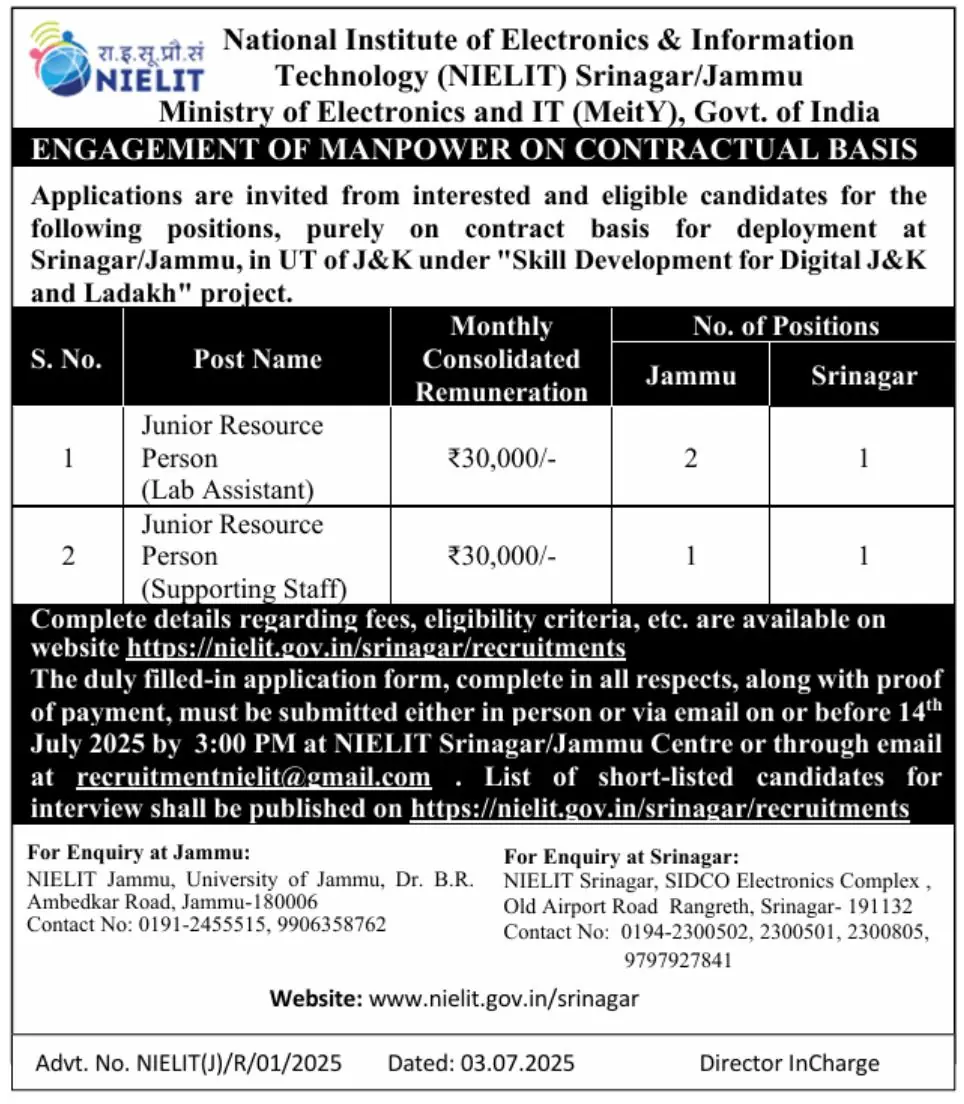 NIELIT J&K Vacancies 2025 – Apply for Lab Assistant and Supporting Staff Posts NIELIT JK Notification