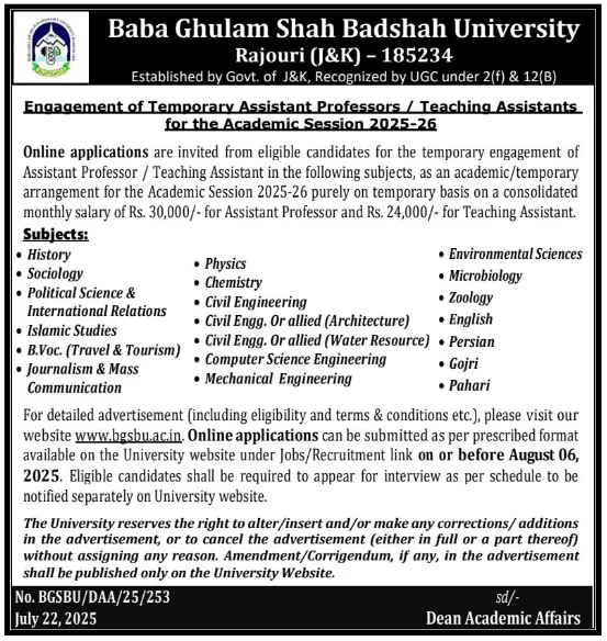 BGSBU Rajouri Assistant Professor and Teaching Assistant Posts Application Form 2025