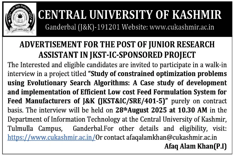 Central University of Kashmir Recruitment 2025: Walk-in Interview for Junior Research Assistant on 28 August