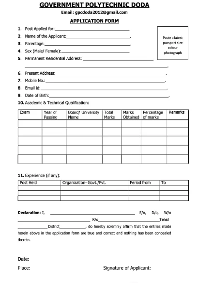 Govt Polytechnic College Doda Guest Faculty Posts (Civil, Mech, Chemistry, English & More) Govt Polytechnic College Doda Guest Faculty Posts, Dwnload Application Form