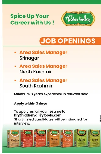 Hidden Valley hiring Area Sales Managers for Srinagar, North & South Kashmir