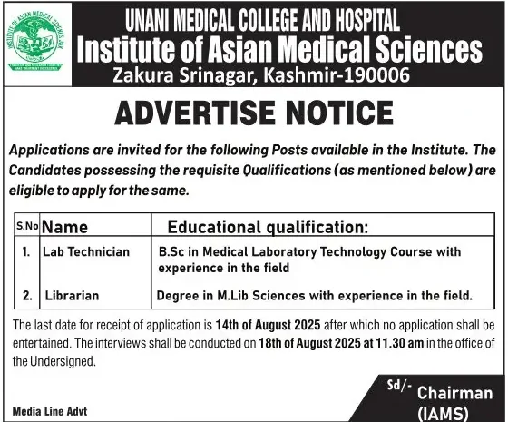 Institute of Asian Medical Sciences announces openings for Lab Technician and Librarian posts