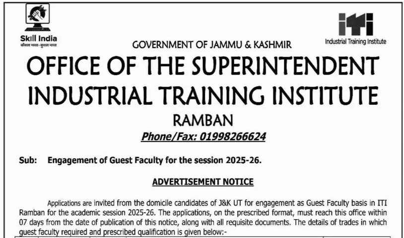 Govt ITI Ramban Guest Faculty Engagement Notification 2025