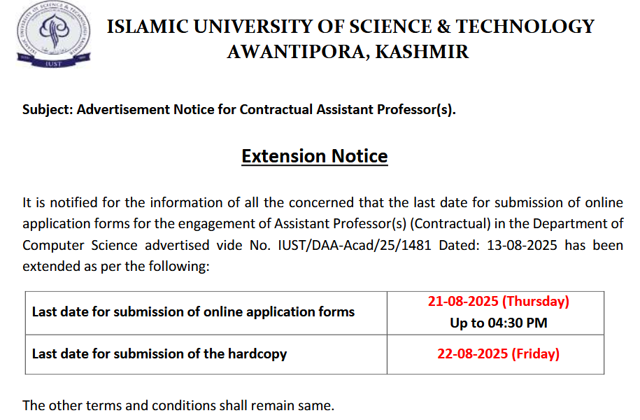 IUST Assistant Professor Computer Science Post, Last Date Extended to 21 August