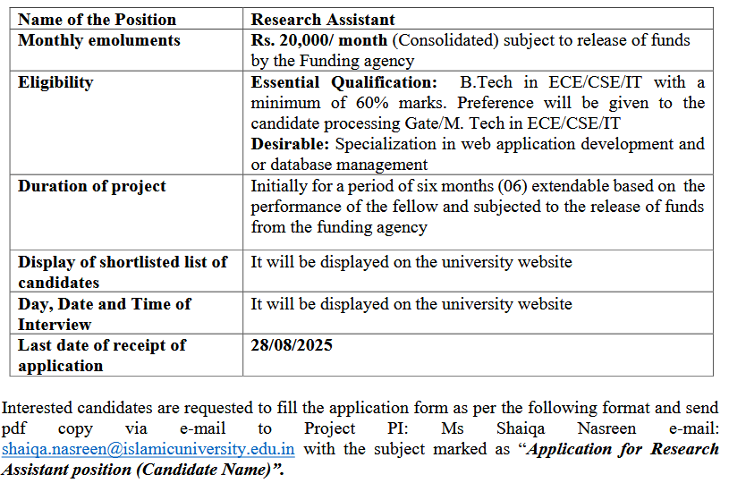 Islamic University of Science & Technology Hiring Research Assistant for DST Funded Project