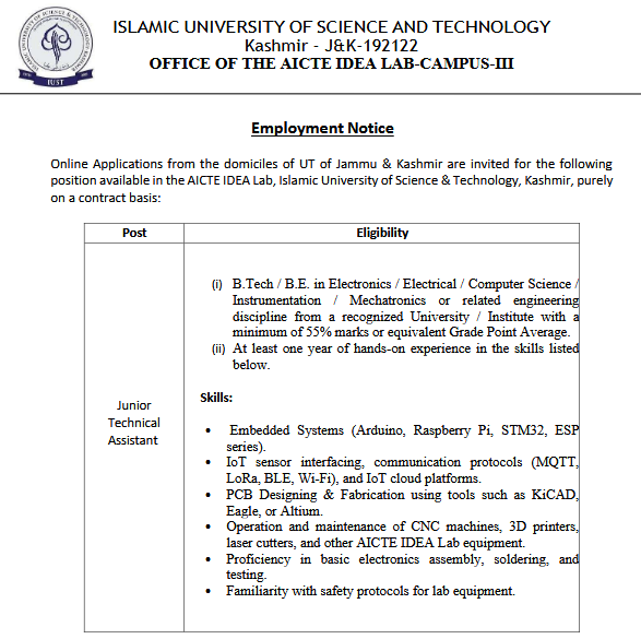 IUST Kashmir Junior Technical Assistant post Vacancy at AICTE IDEA Lab