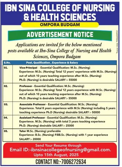 IBN Sina College of Nursing Recruitment 2025