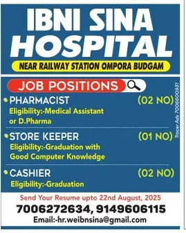 Ibni Sina Hospital Budgam Job Vacancies 2025 for Pharmacist, Store Keeper and Cashier Ibni sina Hosoital Budgam