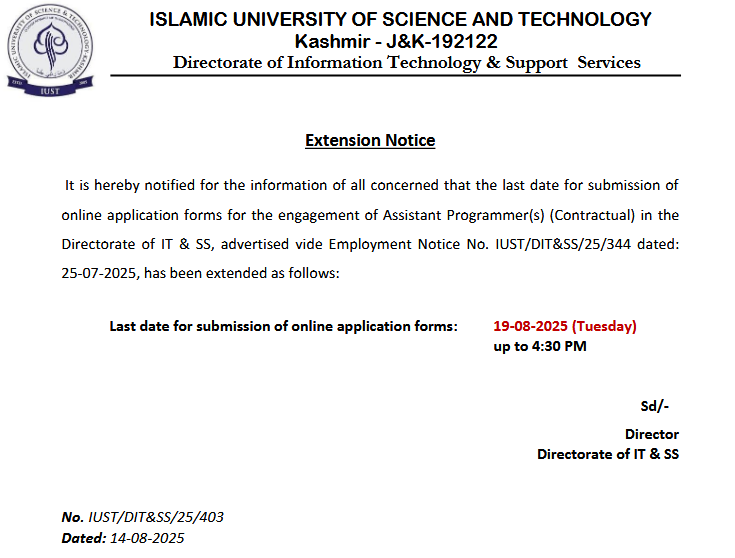 IUST Kashmir Assistant Programmer Posts, Last Date Extended