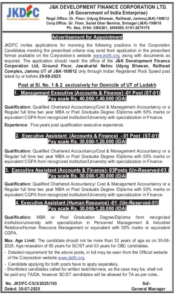 JKDFC Announces Vacancies for Management Executive and Executive Assistant Posts 2025