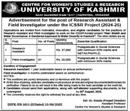 Kashmir University Centre for Women’s Studies & Research opens positions for Research Assistant and Field Investigator
