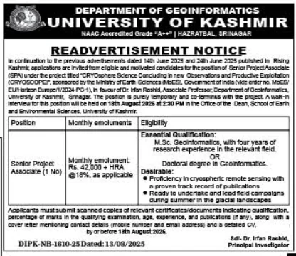 University of Kashmir Department of Geoinformatics invites applications for Senior Project Associate