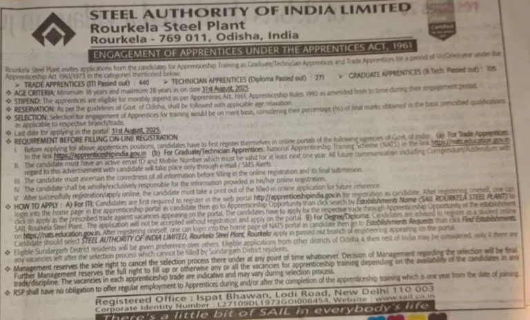 SAIL Apprentice Notification 2025 for 816 Vacancies at Rourkela Steel Plant, Apply by 31 August