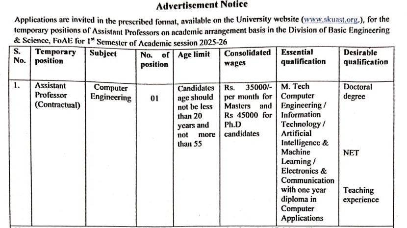 SKUAST Jammu Assistant Professor Recruitment 2025 Notification Out for Computer Engineering Post