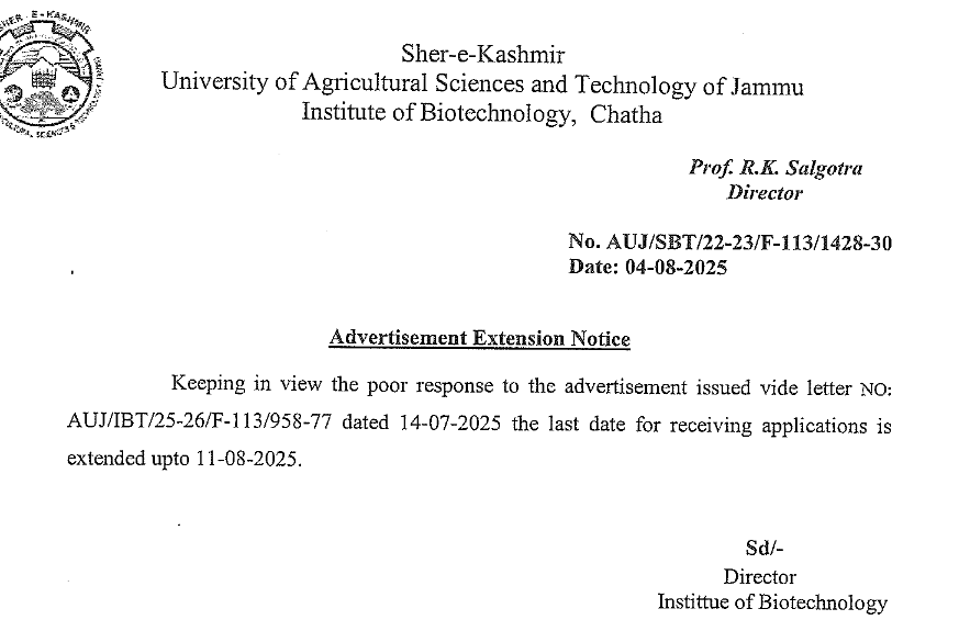 SKUAST Jammu last date extended for AP Posts