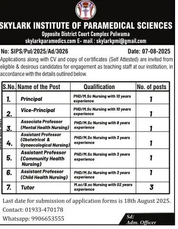 Skylark Institute of Paramedical Sciences Teaching posts, Apply Now for Principal, AP and Tutor posts