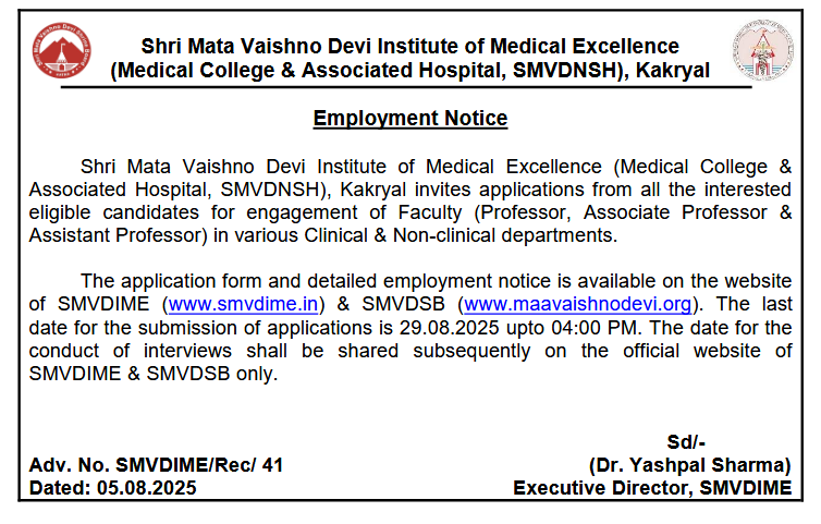 Faculty Posts Announced at Shri Mata Vaishno Devi Institute of Medical Excellence – Apply by 29 August Faculty Posts Announced at Shri Mata Vaishno Devi Institute of Medical Excellence – Apply by 29 August