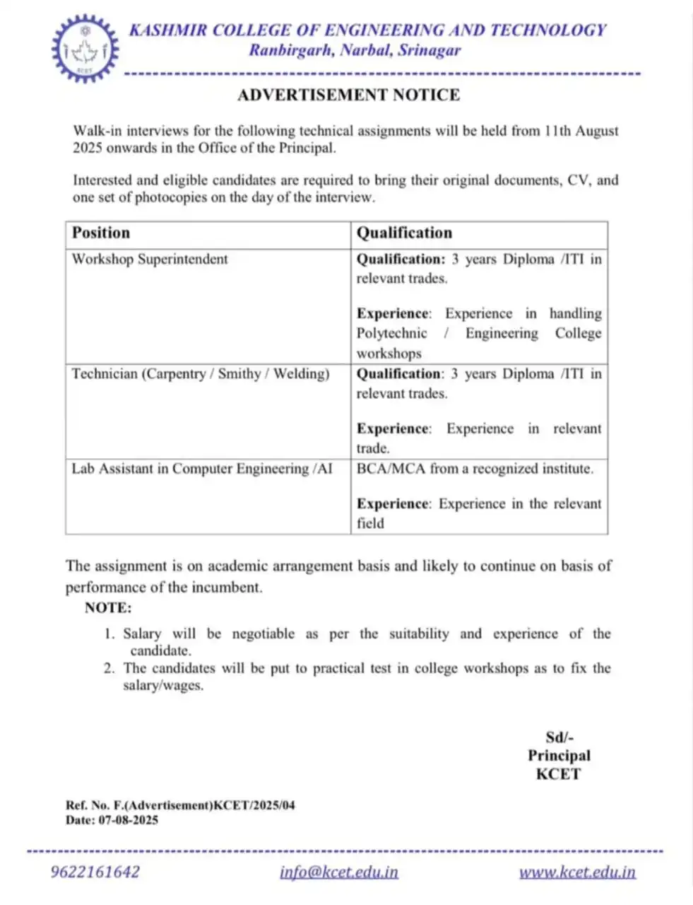 Kashmir College of Engineering and Technology Walk-in Interviews for Technical Posts from 11 August 2025 Kashmir College of Engineering and Technology Walk-in Interviews for Technical Posts from 11 August 2025