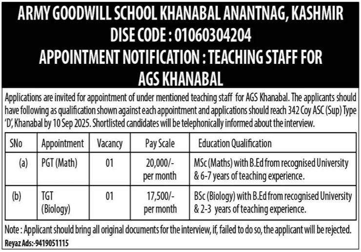 Army Goodwill School Khanabal Anantnag Teaching Staff Openings 2025