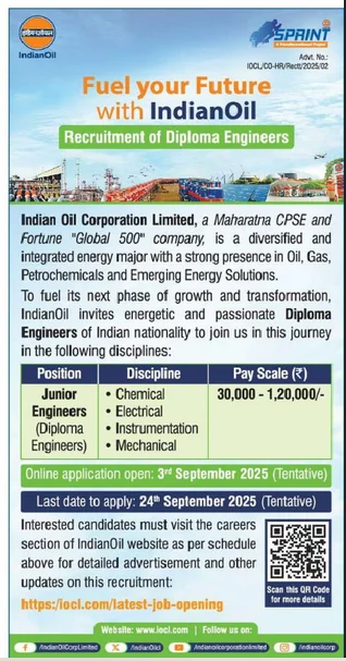 IOCL Diploma Engineers Notification 2025 Out for JE Posts, Apply Online till 24 September