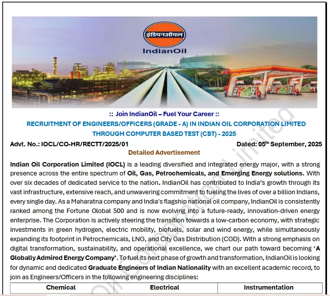 IOCL Notification 2025 Out for Engineers and Officers, Apply Online till 21 September