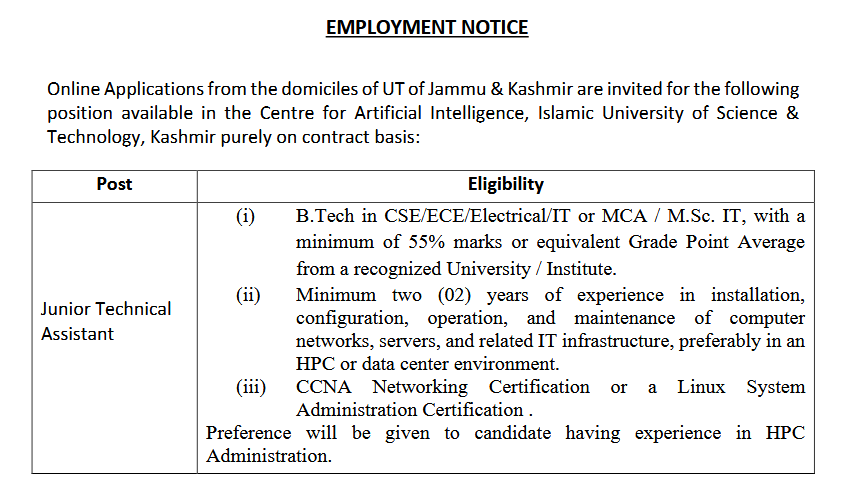IUST Awantipora Junior Technical Assistant Vacancy in Centre for Artificial Intelligence
