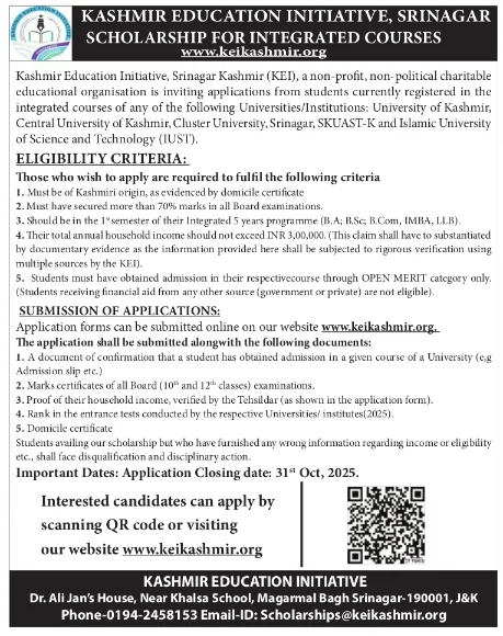 KEI Srinagar Scholarship 2025 for Integrated Courses – Apply Online at keikashmir.org