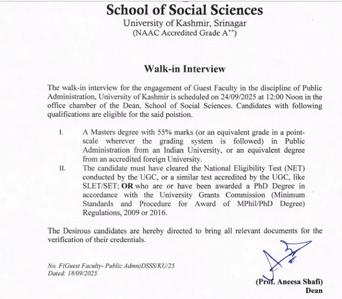 University of Kashmir Guest Faculty Recruitment 2025, Walk-in Interview