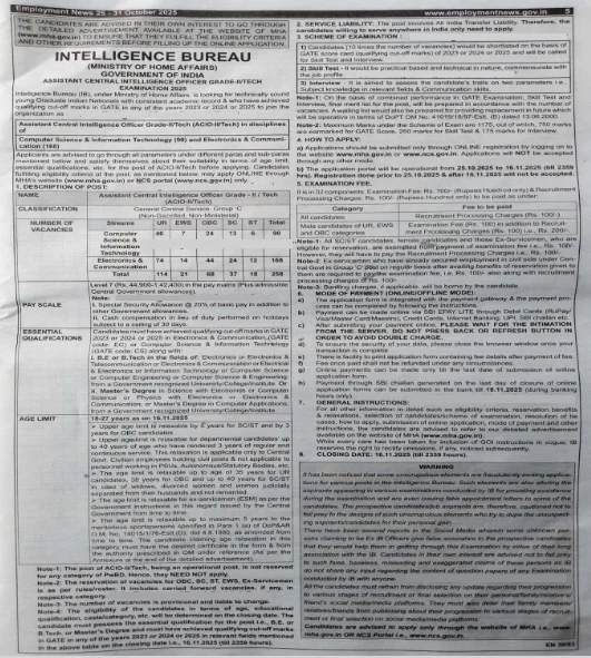 Intelligence Bureau Announces 258 ACIO Grade-II Tech Vacancies, Check Notification PDF Intelligence Bureau Announces 258 ACIO Grade-II Tech Notification
