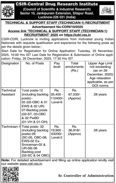 CSIR CDRI Assistant Notification for 44 Technical Assistant and Technician Posts CSIR CDRI Assistant Notification for 44 Technical Assistant and Technician Posts