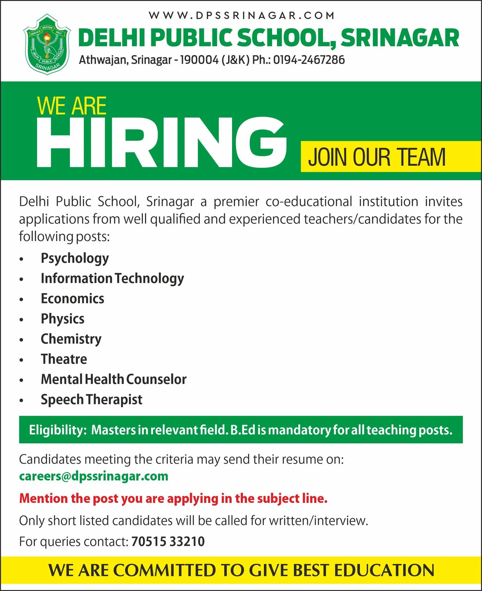 DPS Srinagar Teacher Recruitment 2025, Apply Now for Vacancies for various subjects