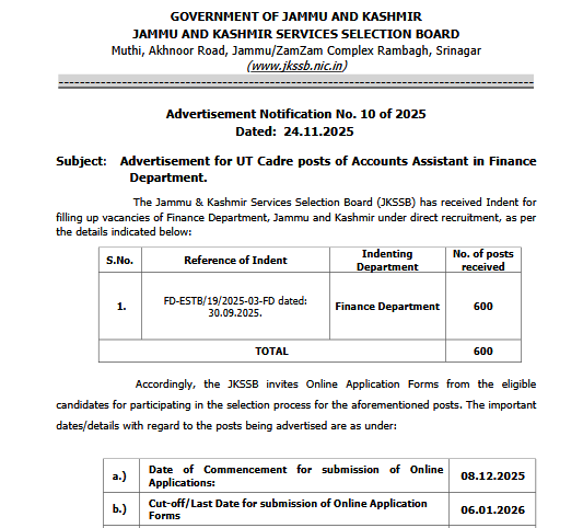 JKSSB Finance Accounts Assistant 600 Posts Notification No 10 of 2025, Online Application Form JKSSB FAA Posts JKSSB Finance Department Accounts Assistant 600 Posts Notification No 10 of 2025, Online Application Form