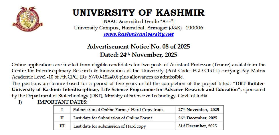 University of Kashmir Assistant Professor Posts Notification 2025, Apply Now for AP Vacancies University of Kashmir Assistant Professor Posts Notification 2025, Apply Now for AP Vacancies