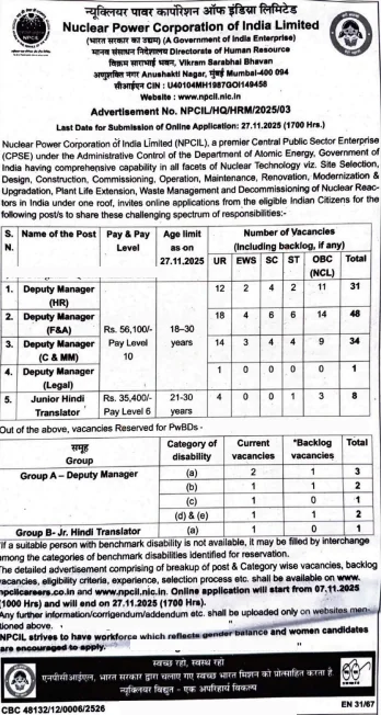 NPCIL Deputy Manager Recruitment 2025 Notification Out for 122 Posts, Apply Online
