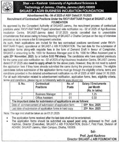 SKUAST-J ABI Foundation announces Business Manager and Office Assistant posts, Apply Now SKUAST Jammu vacancy 2025