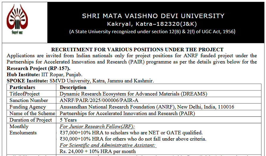 SMVDU Recruitment for Project Positions of JRF and Assistants under the PAIR Programme