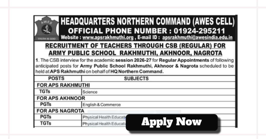 Teaching Positions announced for APS Rakhmuthi, Akhnoor and Nagrota for Session 2026-27