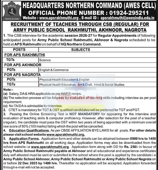 Teaching Positions announced for APS Rakhmuthi, Akhnoor and Nagrota for Session 2026-27