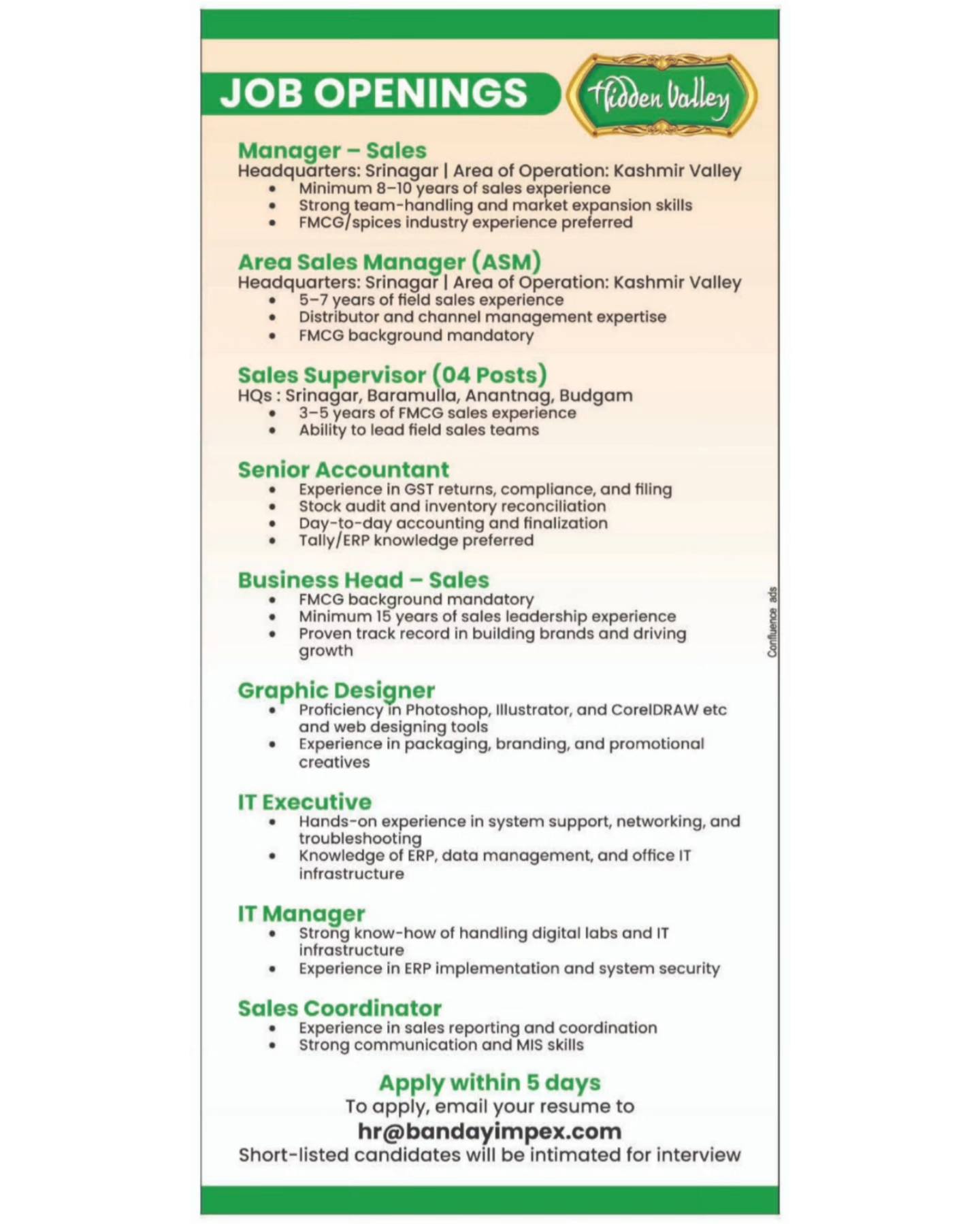 Banday Impex invites applications for multiple private job openings in Srinagar and Kashmir Valley across sales, accounts, IT and creative roles.