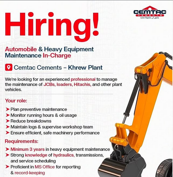 Cemtac Cements Khrew Plant Vacancy 2025, Automobile & Heavy Equipment Maintenance In-Charge Post