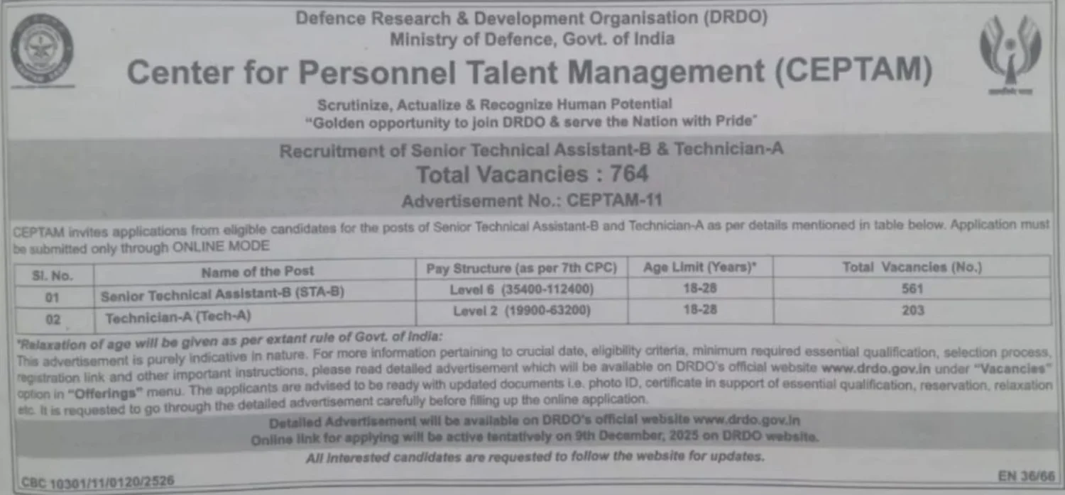 DRDO CEPTAM 11 Notification