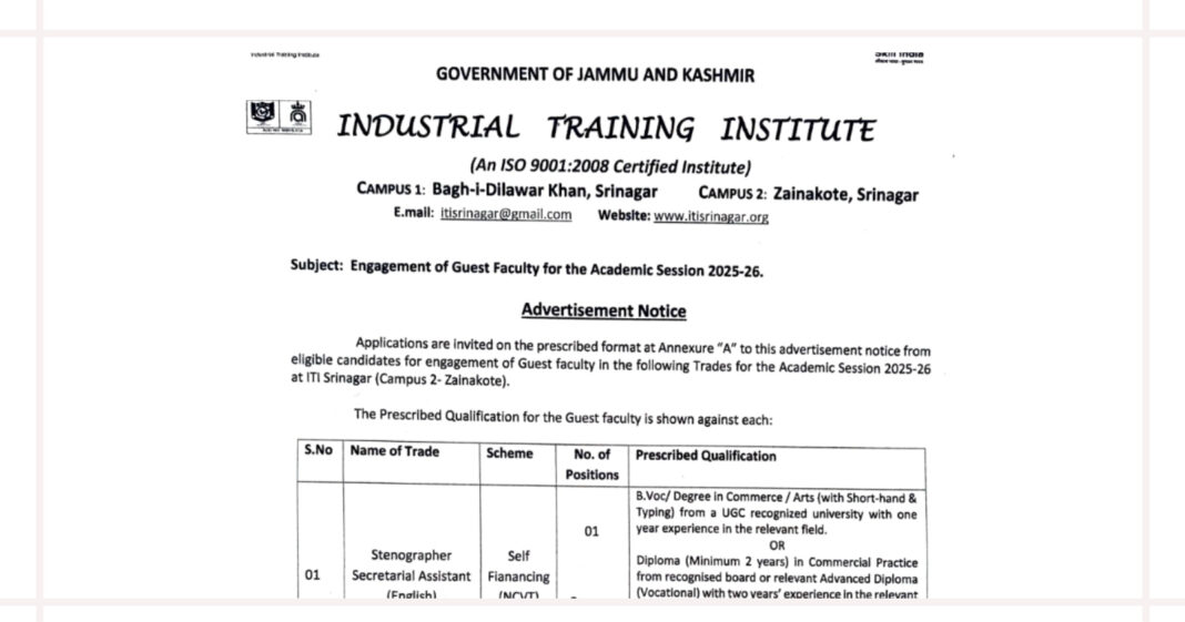 ITI Srinagar Guest Faculty Recruitment for Academic Session 2025-26, Check Vacancies