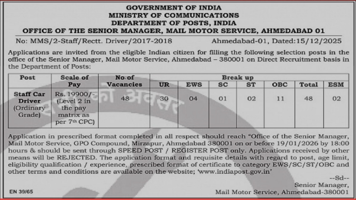 India Post Driver Recruitment 2026 Notification Released For 48 Staff Car Driver Posts India Post Driver Recruitment 2026 Notification Released For 48 Staff Car Driver Posts
