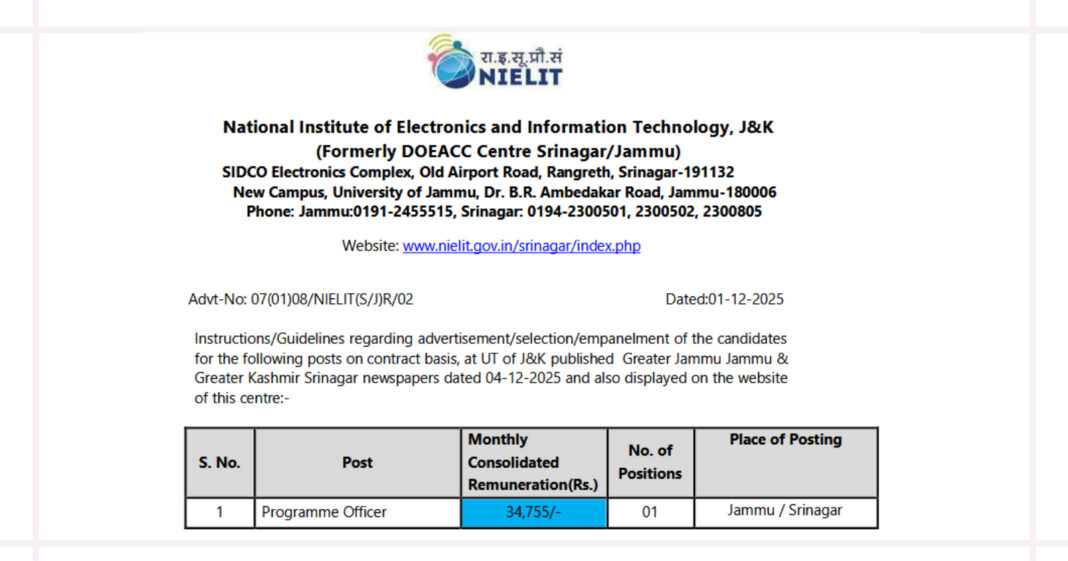NIELIT J&K Programme Officer Recruitment Notification Released