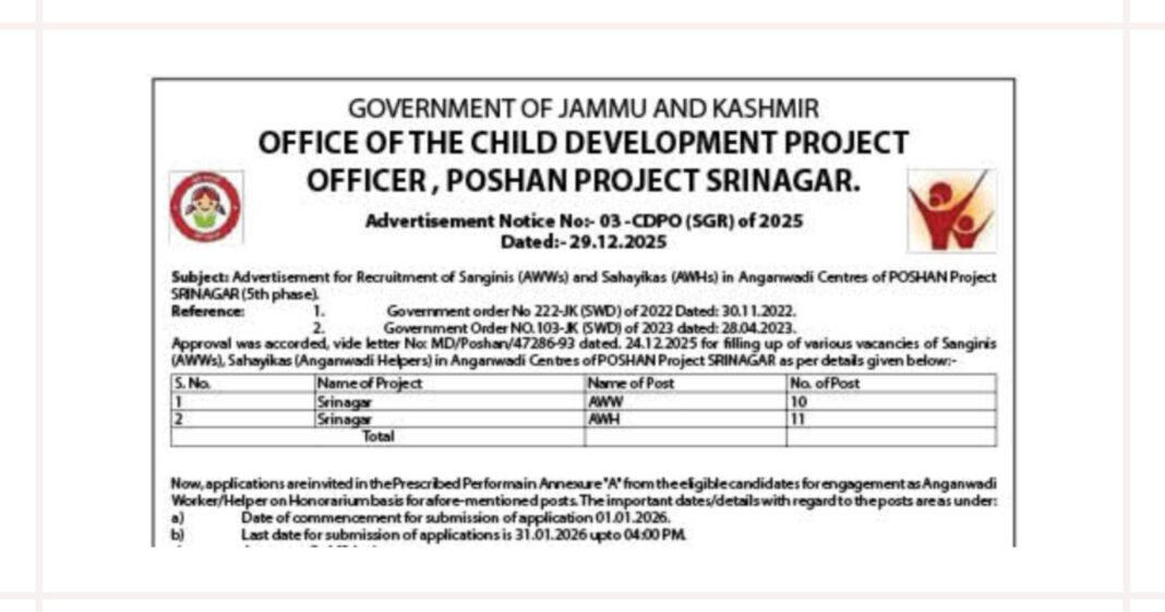 POSHAN Project Srinagar Recruitment 2026, Anganwadi Workers and Helpers Vacancies Announced The Government of Jammu and Kashmir, Office of the Child Development Project Officer, POSHAN Project Srinagar Phase-1, has invited applications for the recruitment of Sanginis (Anganwadi Workers) and Sahayikas (Anganwadi Helpers) in various Anganwadi Centres. https://jkchrome.com/poshan-project-srinagar-recruitment-2026-anganwadi-workers-and-helpers-vacancies-announced/