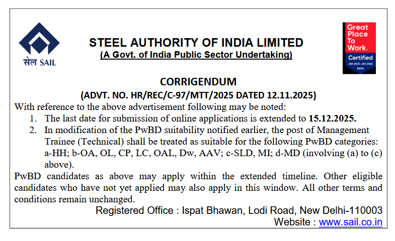 Steel Authority of India Recruitment 2025 for 124 MTT Posts, Last Date Extended